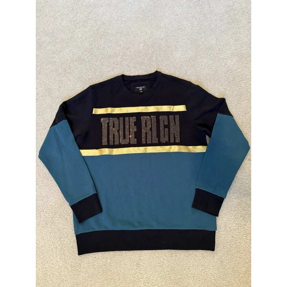 Men's True Religion Color Block Sweatshirt Gold Black Embellished Rhinestone Med